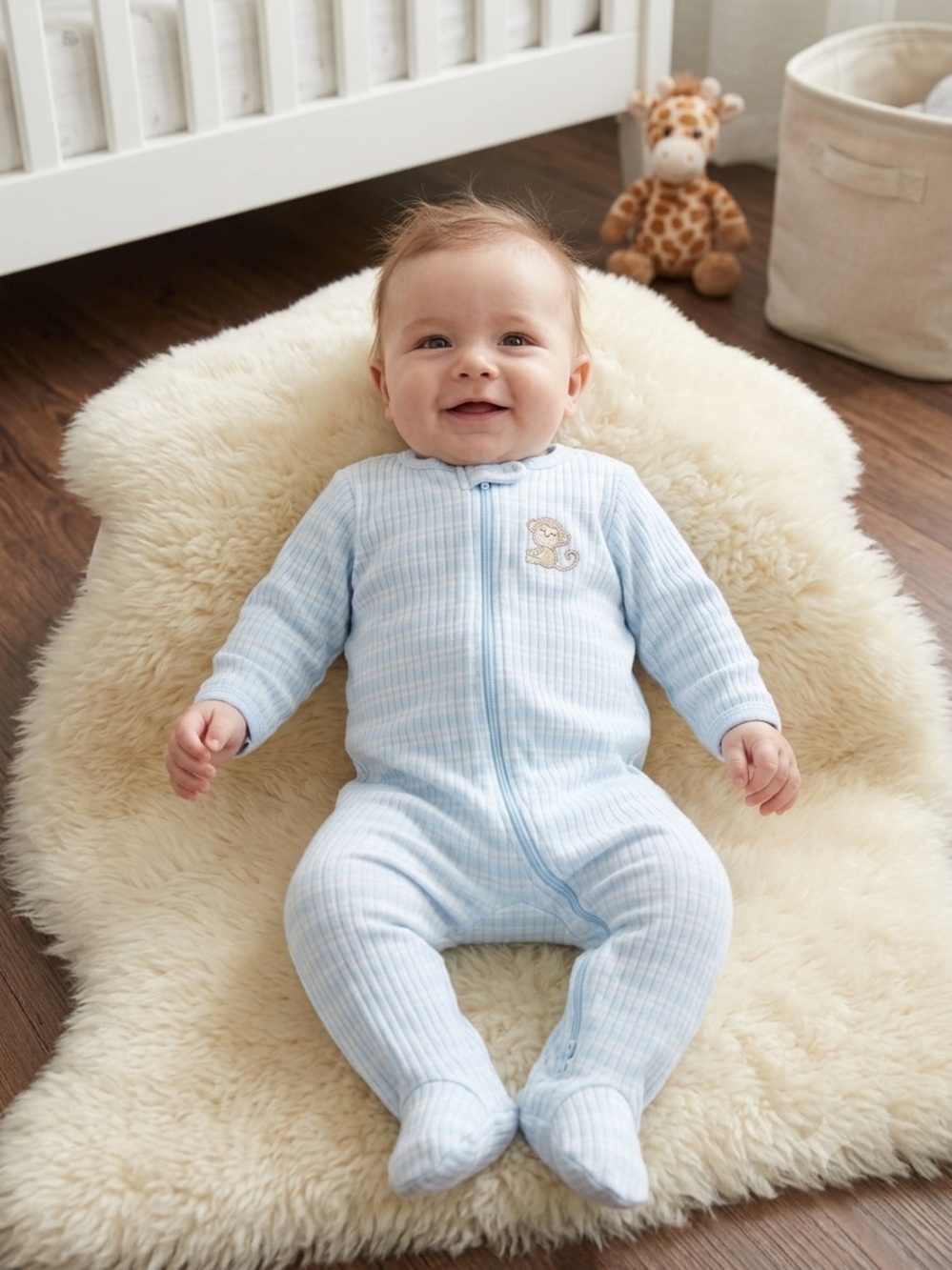 🎉 (Newborn) Little Me Baby Boy Striped Embroidered Monkey Zipper Footie